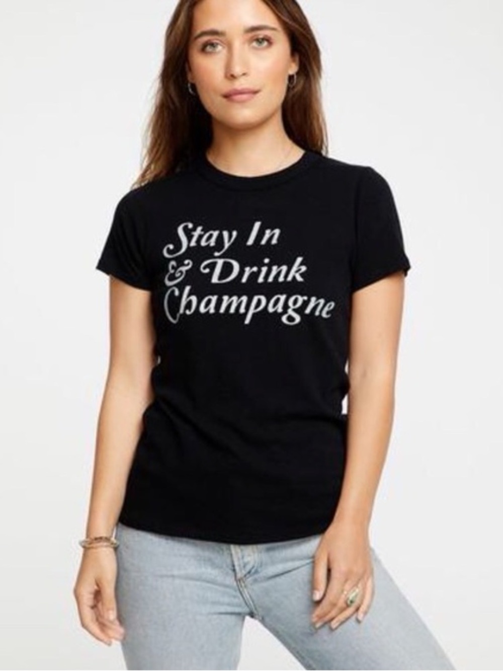 Chaser Stay In & Drink Champagne Silver Glitter Graphic Black Tee Size Medium